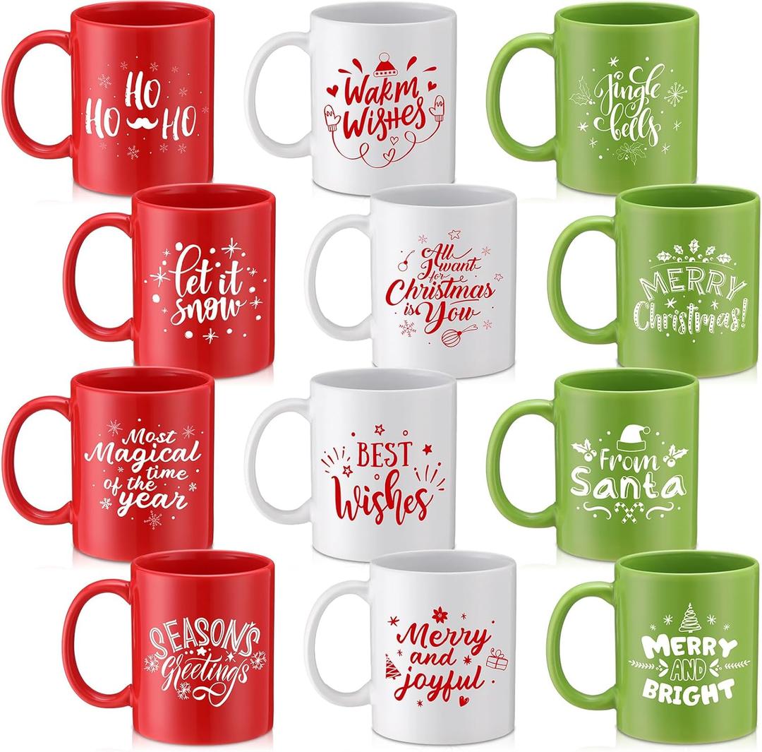 Tioncy 12 Pcs Christmas Coffee Mugs Set 11 oz Ceramic Christmas Mugs with Handle Ceramic Matching Cups Holiday Party Stackable for Home Centerpieces Housewarming Holiday Party Gift(Retro)