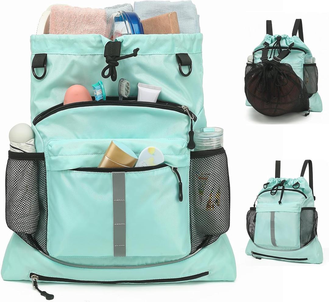 Drawstring Backpack, Waterproof Sandproof Beach Backpack for Sport Gear Small Gym Bag with Hidden Ball Net Pocket and Seperated Wet Pocket Draw String Back Bag for Women Men, Green