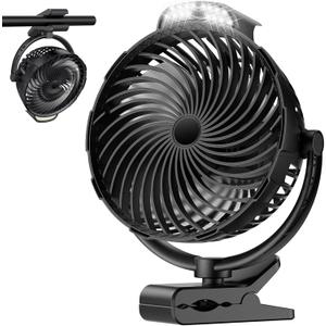 8-Inch Rechargeable Clip on Fan, 10000mAh Portable Camping Fan with LED Light, 9-Speed Ultra Quiet Airflow, 30H Runtime, 360 Rotating Desk Fan for Golf Cart, Bedroom, Office, Dorm, Black