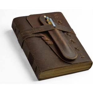 Leather Journal Notebook for Men & Women Daily Vintage Leather Bound Journal Travel Notebook 290 Lined Paper Diary Writing Journal Travelers Scrapbook Poetry Sketchbook Leather Gifts with Pen Holder (8 x 6)