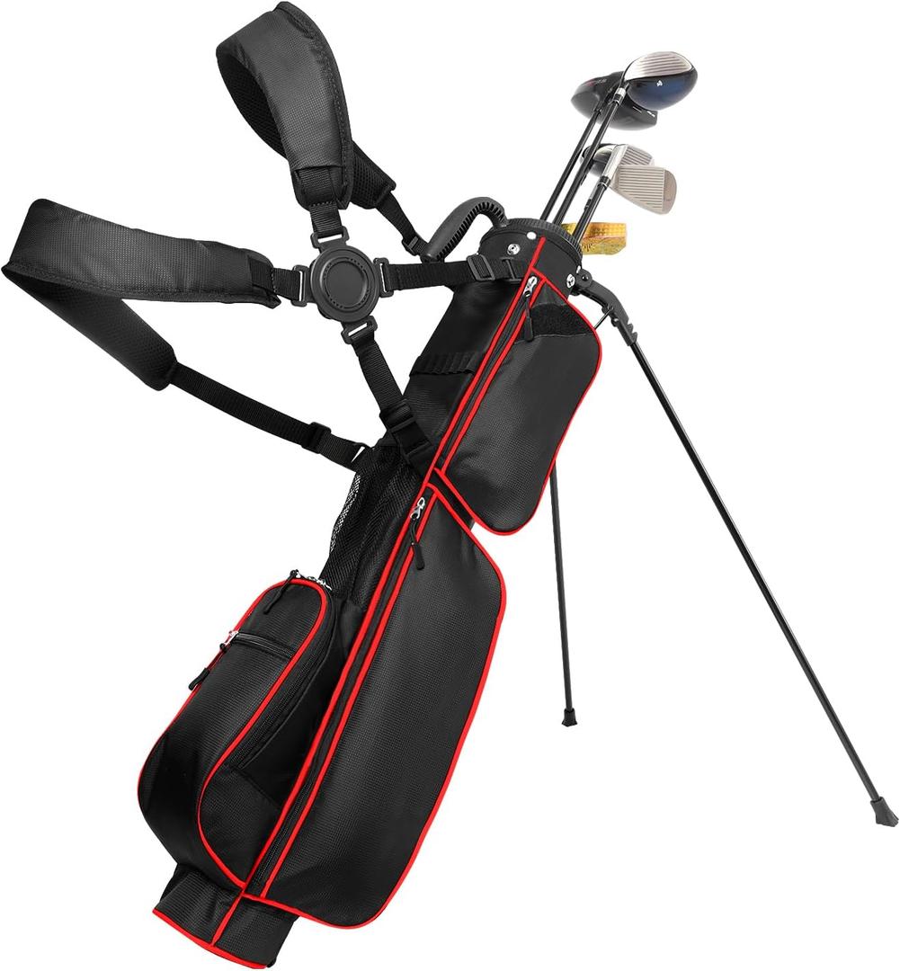 Golf Bag Lightweight Carry Bag, Dual Strap Golf Stand Bag with 6 Pockets, Lightweight Small Golf Bag for a Few Clubs and Rain Cover Hood (2 way-red)