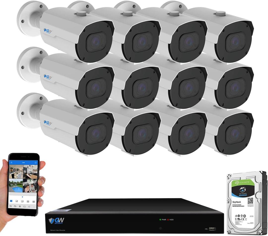 GW Security 16 Channel NVR 4K 8MP PoE 2.8-12mm Varifocal Zoom Security Camera System with 12 x 4K 8MP IP Microphone Waterproof Smart AI Bullet Camera, Face Recognition/Human/Vehicle Detection