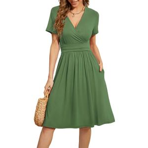 WEACZZY Women's Summer Short Sleeve Casual Dresses V-Neck Floral Party Dress with Pockets Army Green XXL
