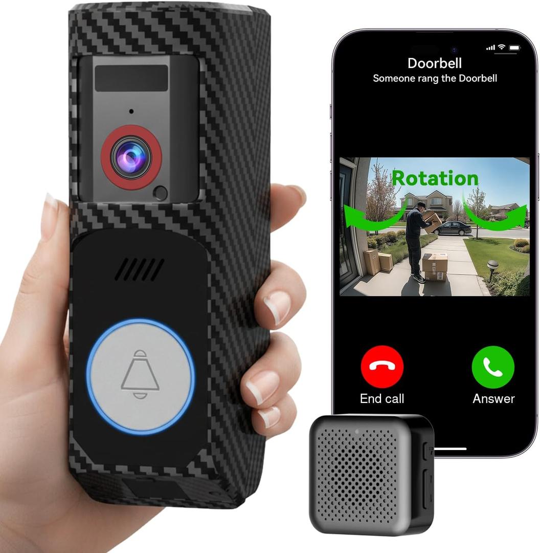Video Doorbell Camera Wireless with Charm, HD Camera, Real-Time Alerts Ring Call, Pan Rotate, AI Detection, Power Battery, Home Security Apartment 2.4G WiFi, Carbon Fiber