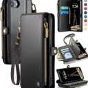 Defencase Compatible with iPhone SE 2020 2022 Case Wallet with RFID Blocking Card Holder for Women Men, Soft PU Leather Magnetic Snap Flip Zipper Strap Wallet Phone Case Fit for iPhone SE/7/8, Black