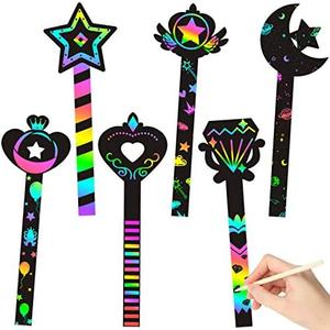 WATINC 60Pcs Fairy Stick Scratch Paper Art Set for Girls Birthday Party, Colorful DIY Craft Kit for Princess Party Favors, Fairy Wand Supplies, Fun Home Activities Birthday Gifts for Kids