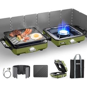 ODSD 2 Burner Camping Stove with Windshield, 20000 BTU Propane Camp Stove, Portable Folding Gas Stove, Camping Essentials Gear Includes Frying Pan, Coffee Stand & Carry Bag, Green