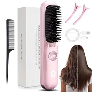 Go Brush Pro, Gobrush Pro 2025 Portable Straightener Brush, Cordless Hair Straightener Brush for Short Hair, 3 Adjustable Temperature, LED Display, Fast Heating Hairs Comb for Women Travel (Pink)