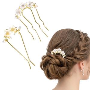 2Pcs Pearl Flower Hair Side Combs for Women, U-Shaped French Hair Pin for Buns, Gold Metal Hairpin Bun Clip, Floral Wedding Hairs Accessories for Girls Ladies Brides Bridesmaids