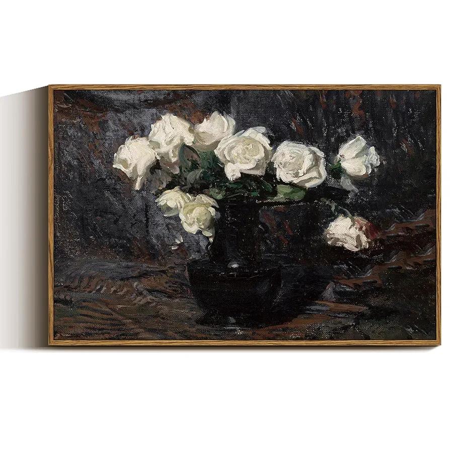 VIYYIEA Framed Canvas Wall Art Home Decor Vintage Botanical Print White Roses in Vase Rustic Farmhouse Flower Wall Decor Mid Century Pictures Decor Art Prints Floral Room Decor for Living Room 24x36in
