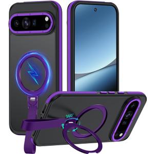 for Google Pixel 10 Case/Pixel 10 Pro Case with 360 Spin Magnetic Stand-Finger Strap, [Fit for MagSafe][16FT Mil-Grade Protection] Ring Holder Kickstand Translucent Matte Phone Case (Purple)