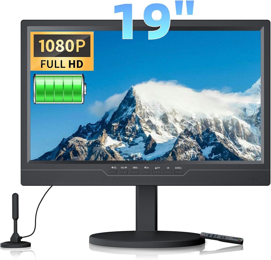 Desobry 19.1 Inch Portable TV with Digital ATSC Tuner, Small TV with Built-in 8000mAh, Portable Monitor with 1080P HDMI Input, AV Input, USB, Small T V for Travel, Camping, RV, Kitchen, Patio