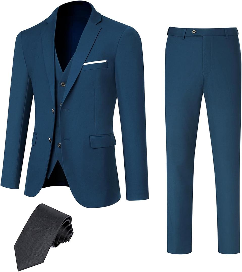 DEETRUST Men's 3 Piece Slim Fit Suit Set, 2 Button Blazer Jacket Vest Pants with Tie, Mens Suit for Party, Wedding & Business, Large, Deepblue