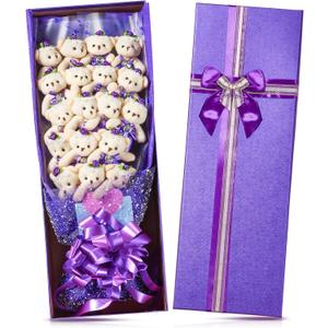 Jexine Cute Plush Bear Bouquet Wrapped Box, One Dozen Long Stemmed Flower Stuffed Plush Bears Wedding Anniversary Graduation Valentine's Day Mother's Day(Purple)