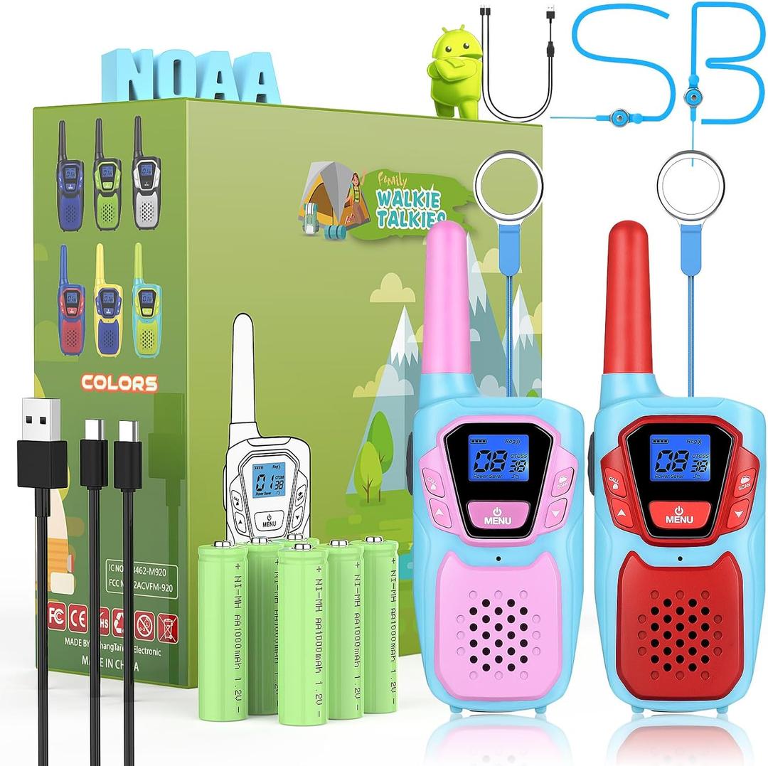 Walkie Talkies for Kids Rechargeable Walkie-Talkie for Adults Long Range Pink 2 Way Radio 2 Pack with Lanyard Battery NOAA USB, Family Toy for 3-12 Year Old Girls Boys Toddlers Camping