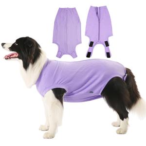 Sychien Dog Recovery Suit Female Spay Surgery Small Puppy Onesie, Zipper Closure Cotton Striped Wounds Protect Surgical Suit, Plain Purple S