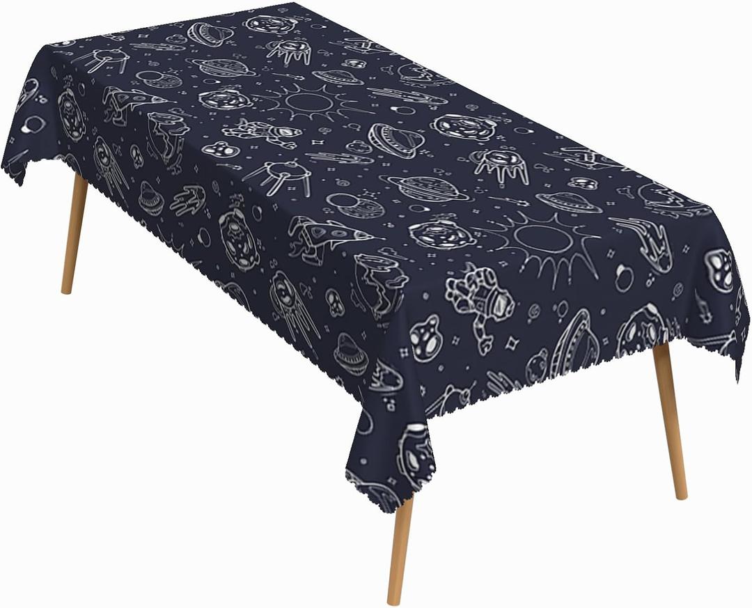 60x102 Inch Space Themed Rectangle Tablecloth Whimsical Sci-Fi Hand Drawn Astronaut Rocket Planet Table Cloth Washable Durable Table Cover for Dining Home School Kids Room Birthday Party
