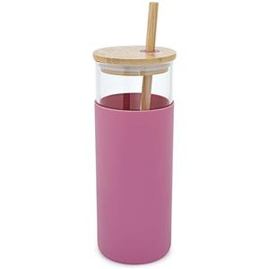 Biiange 16 oz Glass Tumbler, Glass Tumbler with Straw and Bamboo Lid, with Silicone Protective Sleeve for Water, Tea, Iced Coffee (Pink) 8 Pac