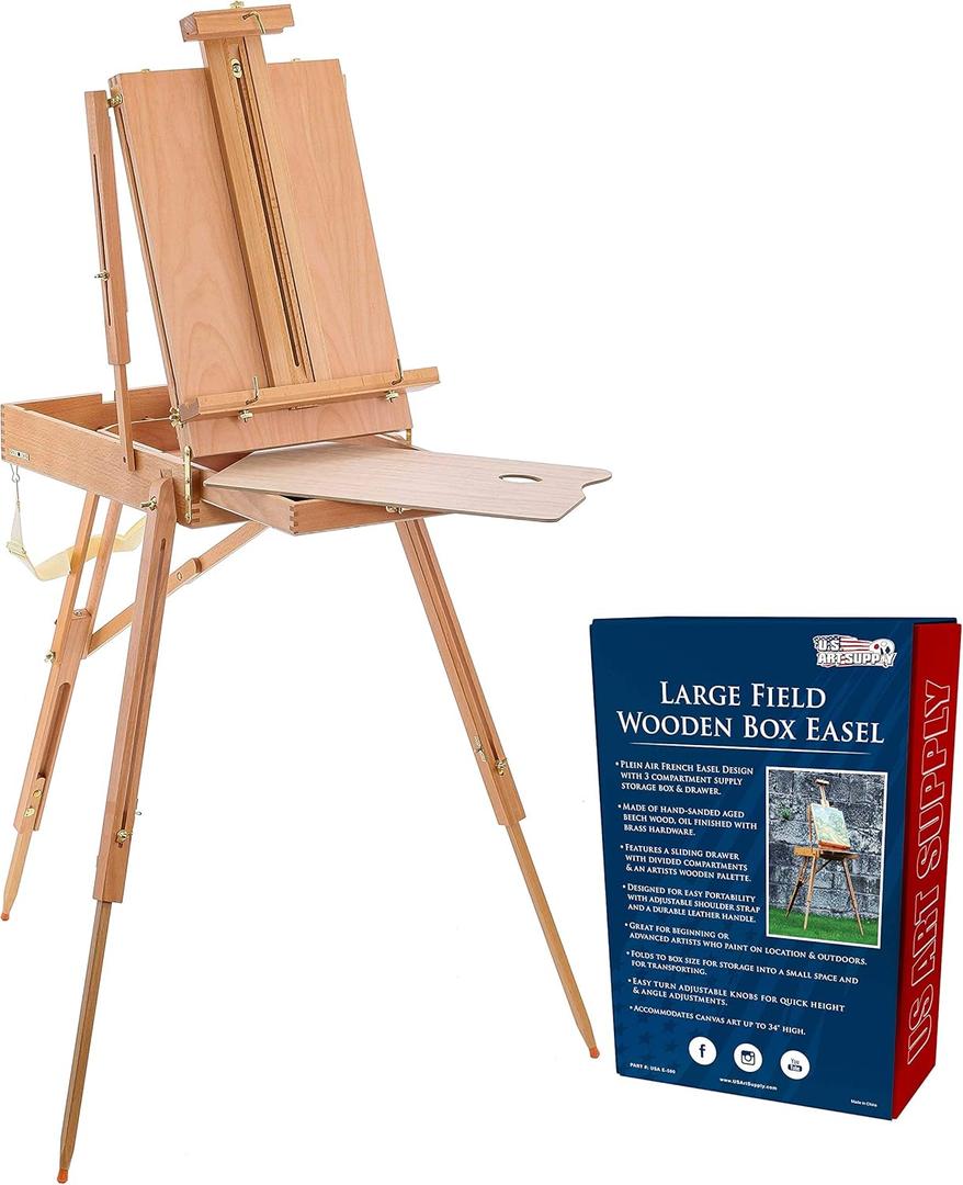 U.S. Art Supply Large Beechwood French Easel, Adjustable Plein Air Easels Sketchbox Tripod for Field & Studio Painting Easel for Adults, Drawing, Display - Portable with Artist Drawer & Palette