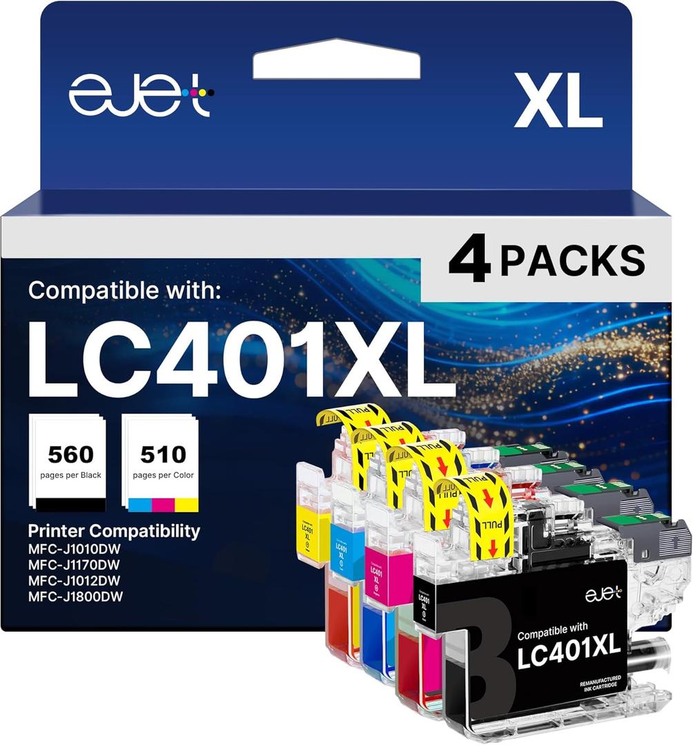 ejet LC401XL Ink Cartridges for Brother Printer MFC-J1010DW High Yield Compatible for Brother LC401 Ink Cartridges LC401 XL Work with MFC-J1170DW MFC-J1012DW MFC J1800DW 4-Pack