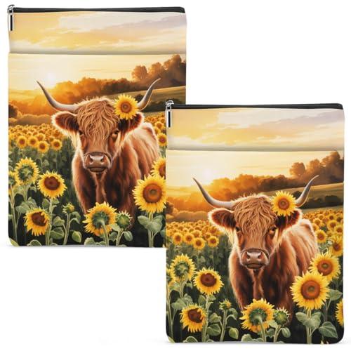 2 Pack Sunflower Highland Cow Book Cover for Paperback Book Protector Case, Washable Reusable for Women Friend Sister Classmate Christmas Bookworm Librarian Birthday Friendship Graduation Gifts