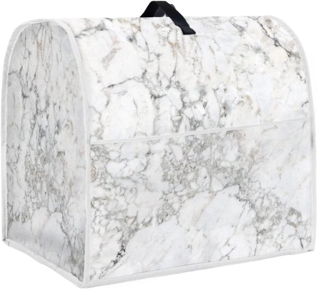 Stand Mixer Cover Compatible with Kitchen Aid Mixer, White Marble Print Kitchen Appliance Dustproof Covers with Pockets, Fits All Tilt Head & Bowl Lift Models Mixers (L(6-8 qt), White Marbling)