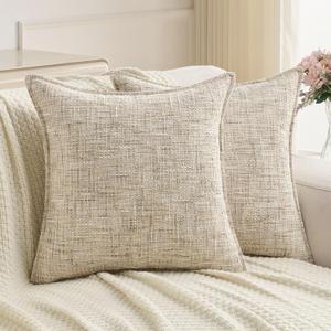 FUTEI Pack of 2 Chenille Tweed Vintage Throw Pillow Covers 16x16 Inch Soft Decorative Cushion Case Modern Farmhouse Accent for Couch Bed Living Room, Beige
