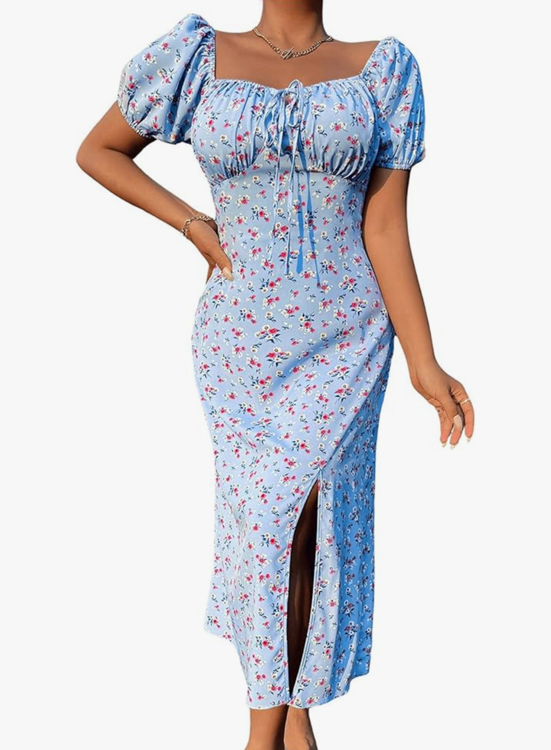Women's Ditsy Floral Puff Sleeve Long Dress Sweetheart Neck Split Thigh Vacation Maxi Dresses, S/M Women's Ditsy Floral Puff Sleeve Long Dress Sweetheart Neck Split Thigh Vacation Maxi Dresses, S/M