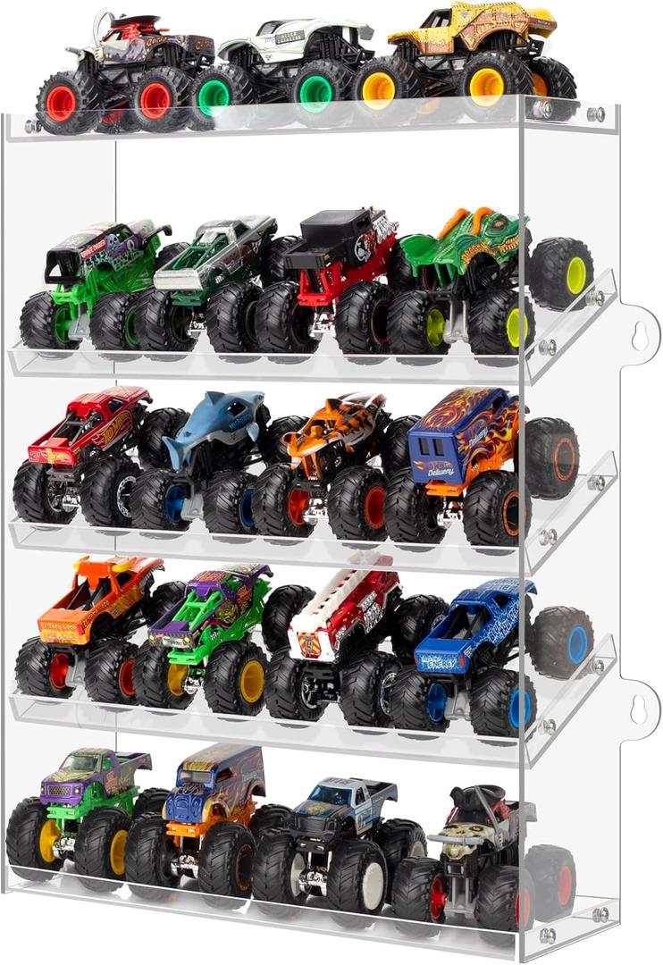 Assembly Monster Trucks Display Case Holding for 20 Monster Trucks Acrylic Storage Case 5 Tiers Monster Trucks Organizer with Tilted Design, Display Case for Toy Trucks (Transparent)
