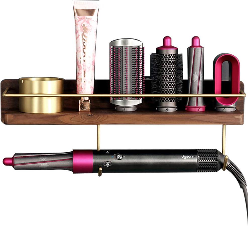 Affogato Wall Mounted Holder for Dyson Airwrap Styler Hair Curling Wand Brush Barrel Bathroom Shelf Tray Wood Stand Home Bedroom Hair Salon Storage Organizer with Hook for Comb Cream Facial Cleanser