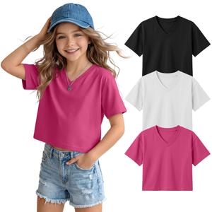 LessonZoo 3 Pack Girls Short Sleeve Crop Tops V Neck Cute Cropped T Shirts Summer Casual Tops Basic Tees Size 5-14 Years(Black, White, Rose Red,9-10 Years)