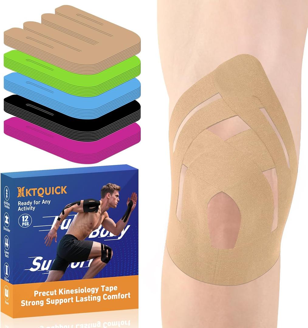 PreCut Kinesiology Tape for Knees, 12PCS Upgraded Waterproof KTQUICK Knee Tape for Knee Pain Relief Pre Cut, Original Cotton Athletic Knee Tape, Waterproof&Hypoallergenic Latex-Free for Sports (Beige)