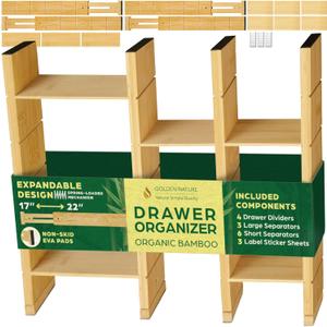 Bamboo Drawer Organizer - with Inserts & Labels, 17-22" - Adjustable Spring Loaded Kitchen Dividers for Utensils & Junk Storage - Expandable Silverware Separators for Organization