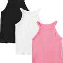 ROMPERINBOX Toddler Tank Tops Girls 3 Pack Ribbed Knit Multipacks Halter Top Camisoles Undershirt (Black/White/Hot Pink,7Y)