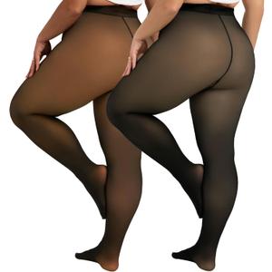 2 Pairs Plus Size Fleece Lined Tights Womens- Winter Warm Fake Translucent Thermal Pantyhose leggings (3X-Large-4X-Large Plus Tall, Black+brown)