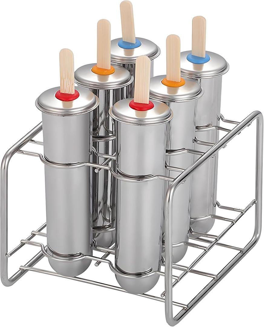 Stainless Steel Popsicle Molds, Set of 6 Ice Cream Maker, Ice Pop Molds With Holder, Metal Reusable Homemade Popsicle Molds with Sticks and Bags (Round Cup, No Slot)