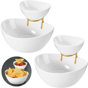 2 Set Chip and Dip Serving Set 2 Tier Chip and Dip Serving Dish Porcelain Appetizer Bowl and Platter with Stand for Food Taco Bar Salad Display Dessert Entertaining Party(Gold,Classic Style)