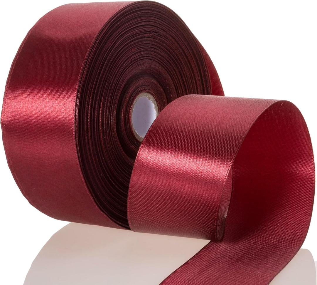 2 x 50 Yards 1 1/2 Inch Wine Red Satin Ribbon, Single Face Polyester Solid Color Craft Fabric Ribbon for Handmade Roses, Gift Wrapping, Bouquets, Wedding, Christmas, and Party Decoration