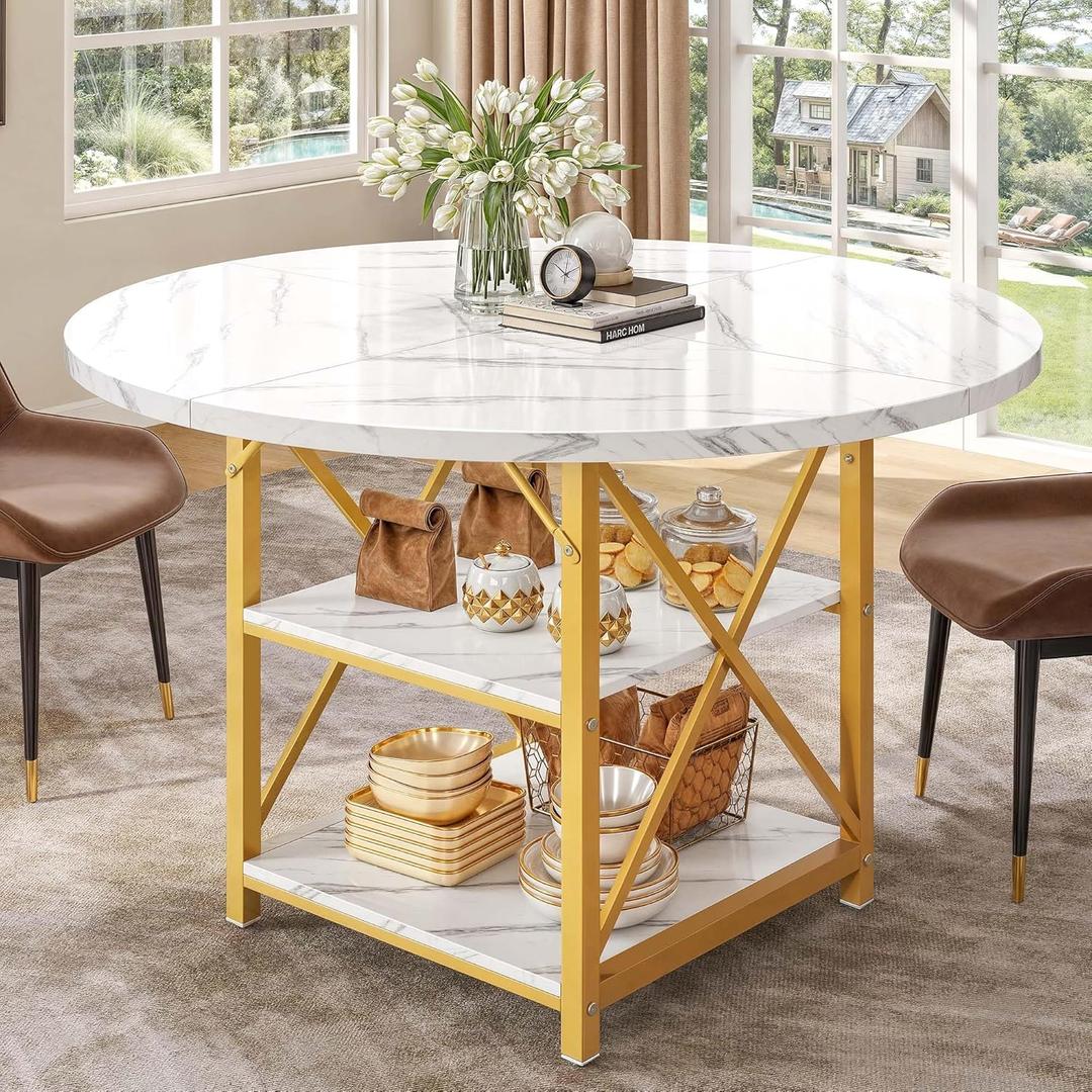 DWVO Round Dining Table 47.27" Large Dining Room Table for 4-6 Circle Kitchen Table with 2 Storage Shelf and Heavy Duty Metal Legs Modern Marble Dinner Table for Home Apartment White and Gold