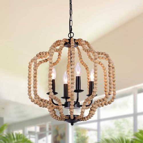 17.7" Boho Wood Beaded Chandelier, Farmhouse Rustic Pendant Light Fixture with Adjustable Chain, 4-Light Dimmable for Bedroom, Dining Room, Kitchen, Nursery, Entryway, Living Room, Hallway, Girls Room