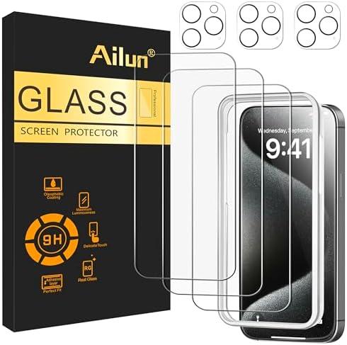 Ailun 3 Pack Screen Protector for iPhone 15 Pro Max [6.7 inch] + 3 Pack Camera Lens Protector with Installation Frame,Sensor Protection,Dynamic Island Compatible,Case Friendly Tempered Glass Film