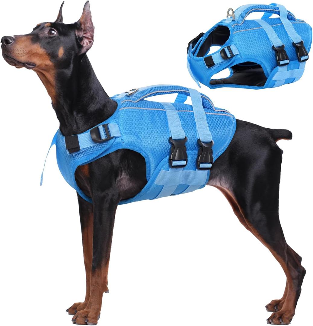 Kuoser Dog Life Jacket High Flotation, Reflective Dogs Life Vest for Swimming Boating, Adjustable Small Medium Large Dog lifejacket, Lightweight Dogs Life Preserver Rescue Handle Spring Summer Pool, 3XL