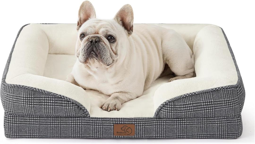 Bedsure Orthopedic Dog Bed for Medium Dogs - Waterproof Dog Sofa Beds Medium, Supportive Foam Pet Couch Bed with Removable Washable Cover, Waterproof Lining and Nonskid Bottom, Black Checks (28.0"L x 23.0"W x 6.5"Th)