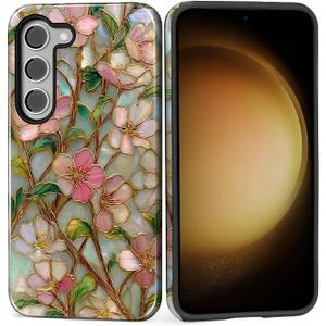 Case for Samsung Galaxy S23, Hybrid Heavy Duty 2 in 1 Full Body Rugged Shockproof Protection Glossy Case for Samsung Galaxy S23 Wildflower Stained Glass Garden