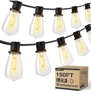 addlon 150FT(50FT*3) LED Outdoor String Lights Waterproof Patio Lights with 48 Shatterproof ST38 Replaceable Bulbs(3 Spare), Dimmable Outside Hanging Light Connectable for Porch, Backyard, 2200K