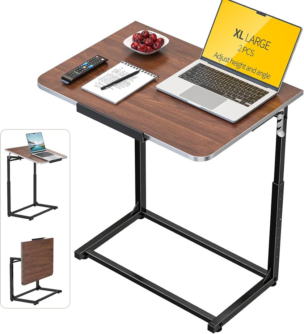 Tv Tray Table Set of 2,Extra Large Dinner Food Tray Table,Couch&Bed Eating Desk,Heavy Duty Folding Laptop Side Table with 8Height&90 Tilt Adjustable,C-Shaped End Table with Phone Slot Walnut, 2 Pack
