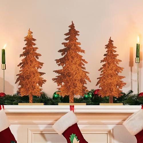 Huwena 3 Pcs Metal Christmas Pine Tree Table Decor Vintage Christmas Tree Centerpieces Rustic Farmhouse Standing Sign with Wood Base for Winter Fall Home Mantel Fireplace Shelf Tiered Tray Decor
