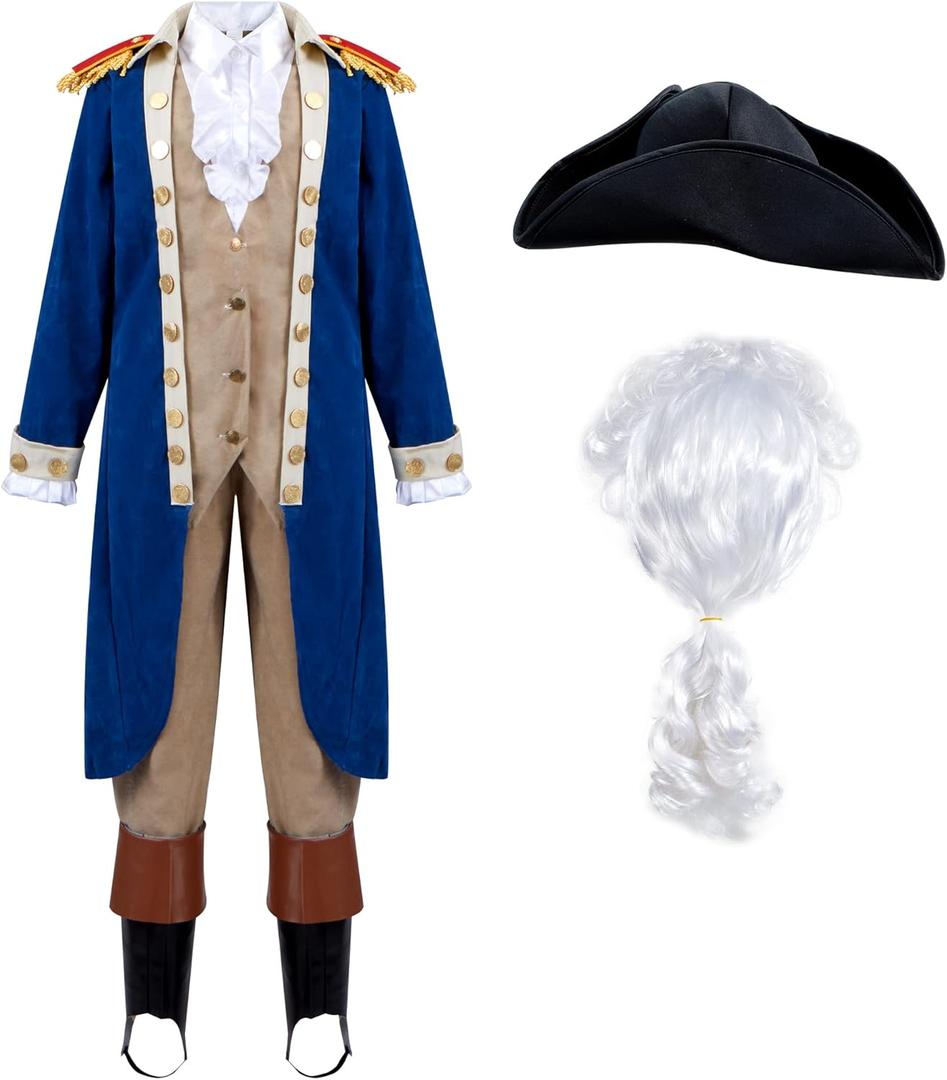 Spooktacular Creations George Washington Costume for Kids, Colonial Boys Costume with Wig and Hat for Halloween DressUp Party (Medium (8-10yr))