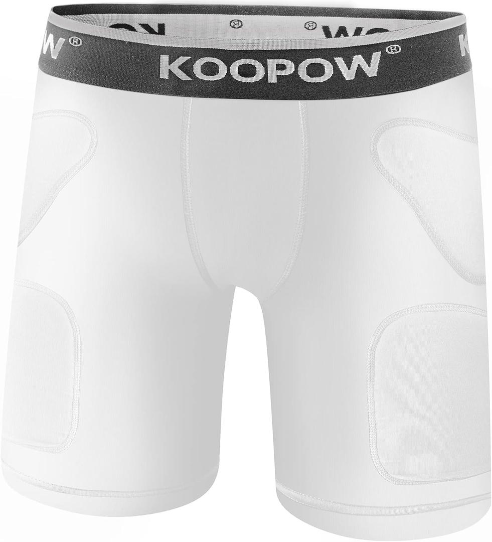 KOOPOW Youth Sliding Shorts Boys Padded Slider Shorts Sliding Pads with Cup Pocket for Baseball, Football, Hockey, Lacrosse (X-Large, White)