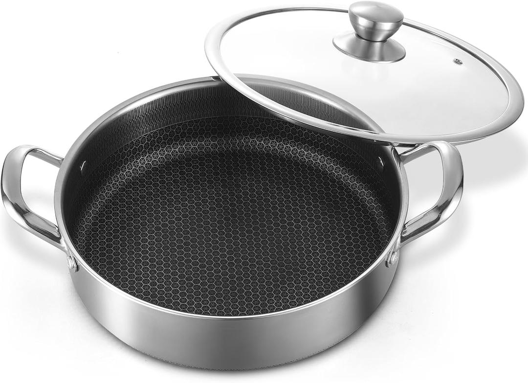 Toutrop Stainless Steel 7QT Saute Pan 14 Inch Deep Frying Pan with Lid Nonstick,Hybird Induction Cooking Pan,PFOA Free Cookware,Large Skillets